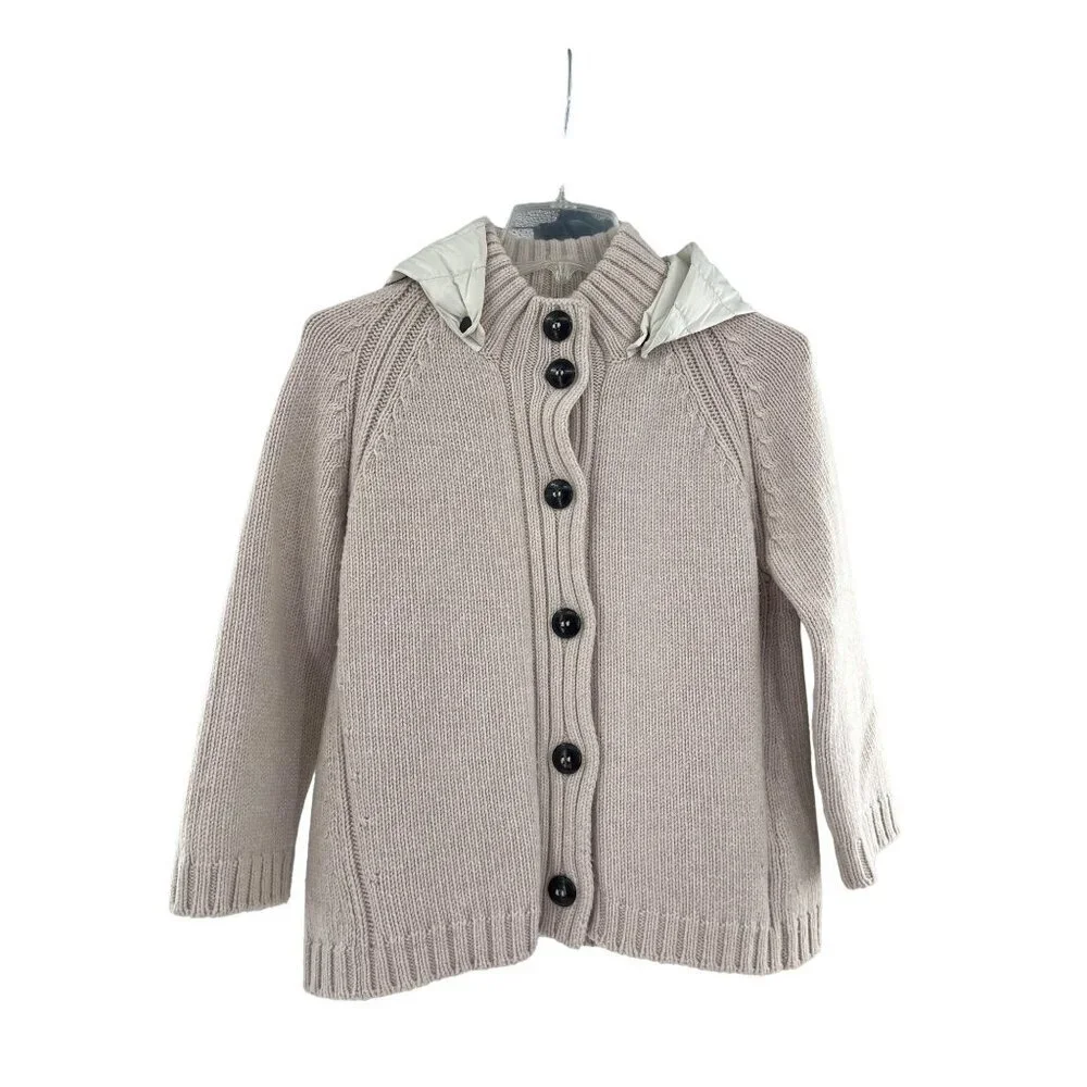 Duvetica Beige White Wool Blend‎ Hooded Cardigan Quilted Accents Button Closure